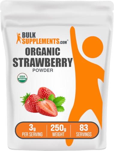 Image of BulkSupplements.com Organic Strawberry Powder - Fruit Powder from Organic Strawberries - No Sugar Added & Gluten Free, 3g per Serving, 250g (8.8 oz) (Pack of 1)