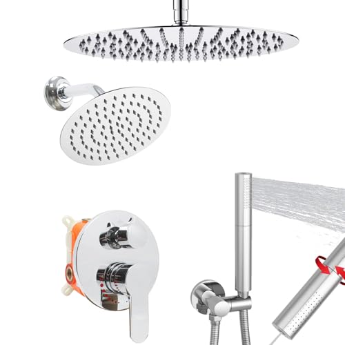 ZYGOLVQ Chrome Dual Shower Heads System: 12" Ceiling Mount Rain