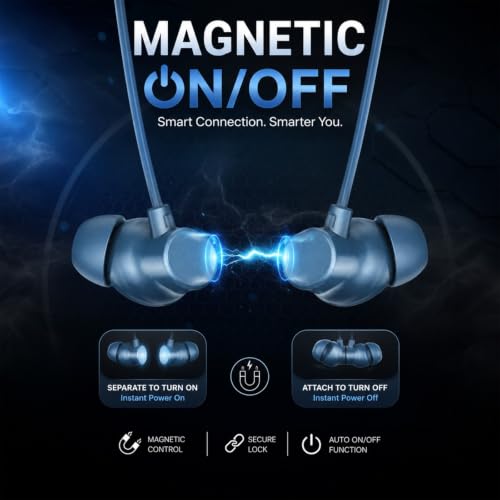 Image of Kratos Blue Bluetooth Neckband with 55H Playtime, Deep Bass, Stereo Sound, HD Calls, Magnetic Earbuds, Voice Assistant, Type-C Fast Charging, Rich Audio, Hollow Switch for Comfort & Style