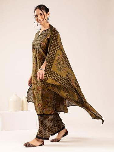 Image of Vbuyz Women's Ajrakh Print With Sequin Work Straight Kurta Palazzo With Dupatta