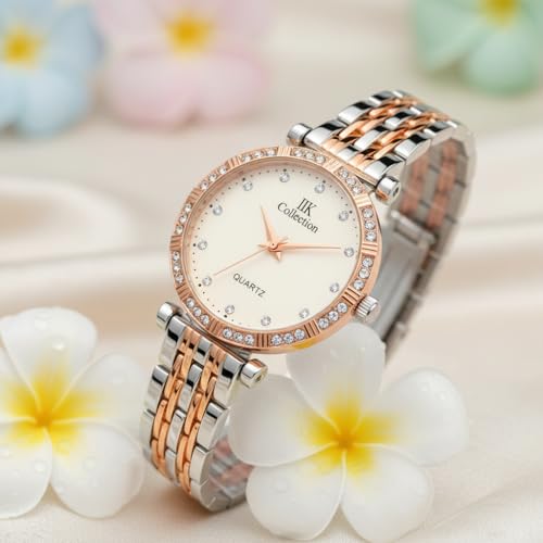 Image of IIK COLLECTION Watches for Women Round Studded Dial |Analogue Quartz Movemnet Ladies Watch|Long Battery Life|Stainless Steel Adjustable Bracelet Chain Strap|Double Lock Clasp Safety Watches for Girls