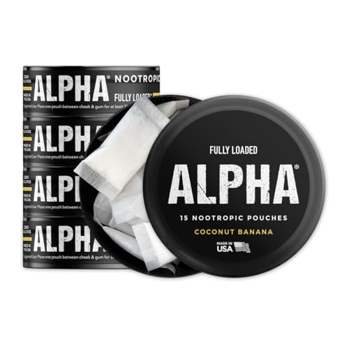 Image of Fully Loaded Alpha Nootropic Pouches (Coconut Banana) - 5 Cans - 15 Pouches per can - Effective Nootropic Delivery, Nic Pouch Replacement - Faster Absorption, Alpha GPC, L-Tyrosine, GABA