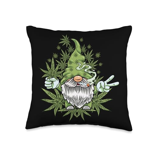 Gnome Weed Peace Sign Cannabis Marijuana Smoker Pot Leaf 420 Throw Pillow