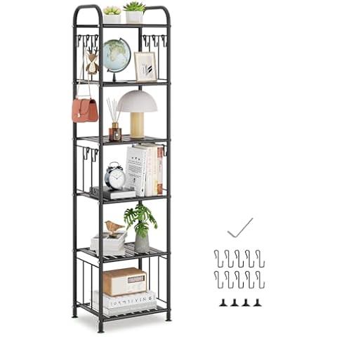 PouHenier.jh 6 Tier Metal Shelving Unit and Storage Tall Shelf for Narrow Spaces, Thin Skinny Organizer Rack with 10pcs Hooks, Open Slim Free Standing Shelf Tower for Bathroom, Bedroom, Dorm (Black) Cover