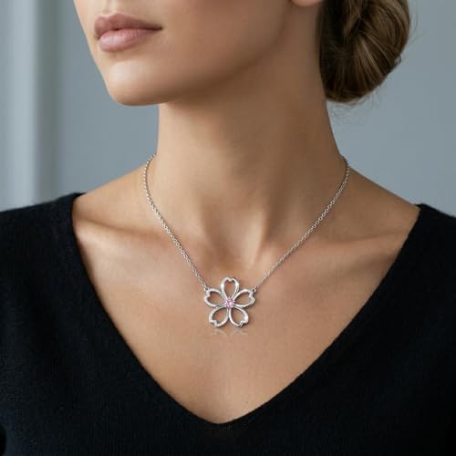 FOLIO ARC Cherry Blossom Necklace for Women, Rhodium Plated Silver Tone Sakura Flower Pendant Necklace with Pink Crystal, Dainty Floral Jewelry Gift for Her — view 3