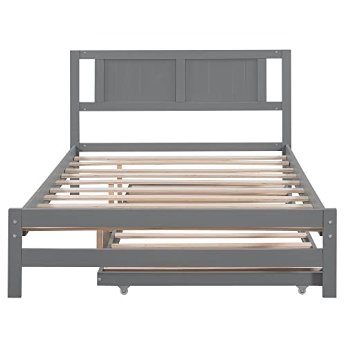 Anwick Full Size Platform Bed With Adjustable Trundle, Solid Wooden Platform Beds With Headboard & Slat Support, Full Bed Frame For Teens Boys Girls, No Box Spring Needed (Gray) #TOP2