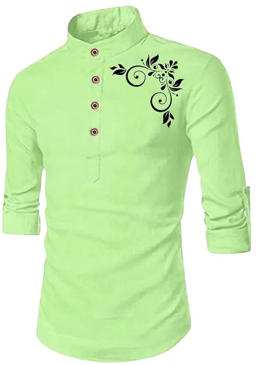 Image of DEELMO Men's Regular Fit Flower Pattern Short Kurta Lemon