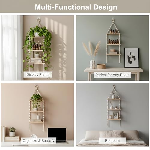 Image of 3-Tier Macrame Wall Hanging Shelf (Includes Mounting Hook) Boho Wooden Floating Shelves for Wall Decor - Handmade Cotton Rope Plant Hanger & Organizer for Living Room, Bedroom, Balcony