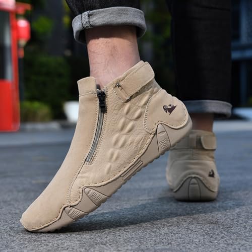 Image of Mens Mid-Top Leather Chukka Ankle Boots with Side Zipper Casual Comfortable Round Toe Non-Slip Flats Loafers for Walking Outdoor Hiking