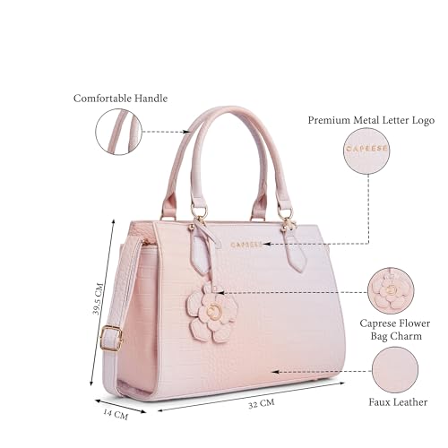 Image of Caprese Marilyn Medium Satchel Bag for Women | Croc Pattern Top-Handle Handbag with Flower Charm & 1 Specius Main Compartment | Adjustable & Detachable Strap Shoulder Bag for Office Use (Peach)