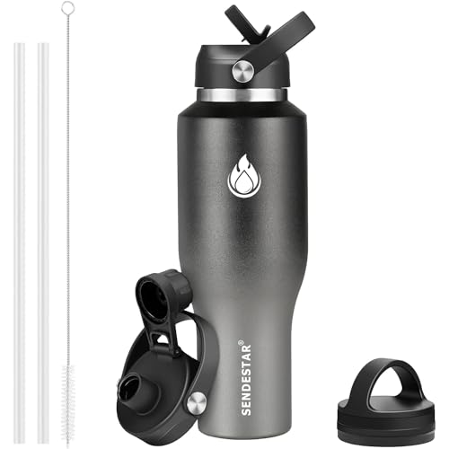 Image of SENDESTAR 40oz Stainless Steel Water Bottle(Cold for 48 Hrs, Hot for 24 Hrs),Double Wall Vacuum Insulated Bottle with Straw Lid, Spout Lid and Flex Cap, Fit in Any Car Cup Holder,Grey-B