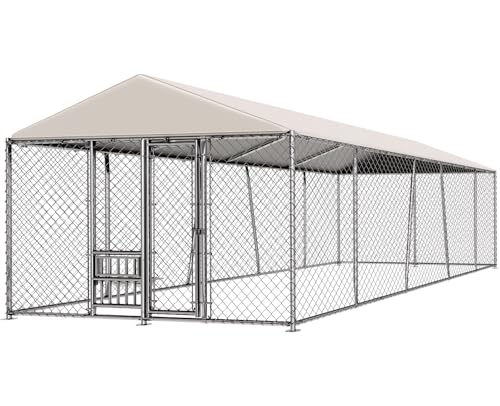 10 x 20FT Large Outdoor Dog Kennel with Bowls, Dog Kennel Outside with Waterproof Cover Roof, Galvanized Heavy Duty Chain Link Dog Runs Cage Playpen for Outside with Secure Lock