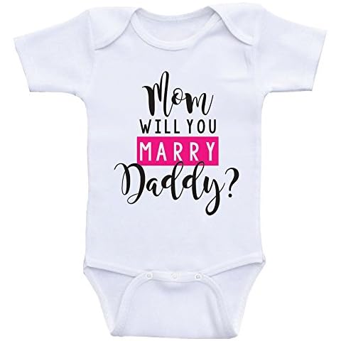 Heart Co Designs Marriage Proposal Baby Clothes - Mom Will You Marry Daddy - Babygrow Romper (3mo-Short Sleeve, Hot Pink Text) Cover