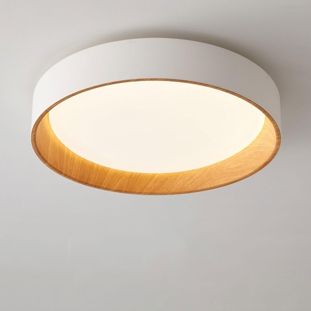 Nordic Wood Grain LED Ceiling Light, Minimalist Round Flush Mount Lamp Infinite dimming with Remote Control, Ultra Thin White & Wood Fixture for Bedroom Study Living Room(55cm)