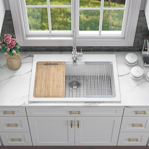 33 Inch Drop in Single Bowl Kitchen Sink with Fireclay White Finish F3322S-OLA Cover