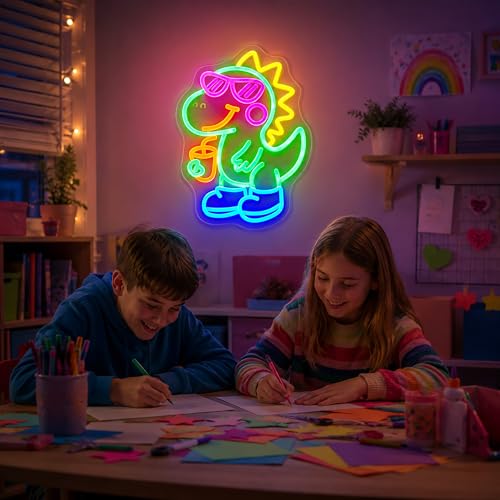 Image of Neon Sign, Dinosaur Neon Signs for Wall Decor - Dimmable LED Signs for Gaming Room, Bedroom, Living room, Party, Bar - USB Powered Light Up Sign Decorations Gift