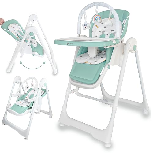 Twinly - Trona bebé Evolutiva Hamaca columpio multifunción Movity PRO con arco de Juguetes - Plegable y ajustable con Reductor Arnés 5 puntos y Bandeja extraíble - 0m+ a 15kg (Menta, Movity Pro)