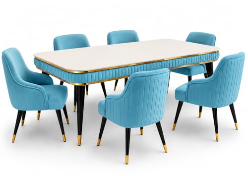 Image of WOODEN SPACE 6-Seater Wooden Dining Table Set | Nano Composite Marble Top | Solid Wood Base | Modern Dining Room Furniture with 6 Chairs (Sky Blue Modern Zyro)