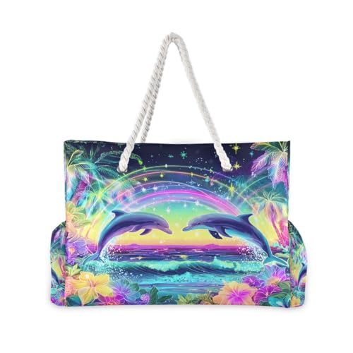 Large Beach Bags Totes Canvas Tote Shoulder Bag Glowing Neon Dolphin Water Resistant Bags for Gym Travel Daily2