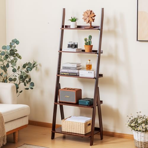 Maydear-Bamboo-Ladder-Shelf-Bookcase-5-Tier-Leaning-Bookshelf-Free-Standing-Organizer-Storage-Shelves-for-Living-Room-Bedroom-Kitchen-Home-Office-Balcony-Dark-Walnut