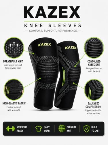 Image of Knee Support Brace by KAZEX for Men & Women | Compression Knee Sleeve for Arthritis Relief, Joint Protection & Recovery | Stretchable Anti-Slip Support for Running, Gym, Sports & Workout - (Black- Green)-S