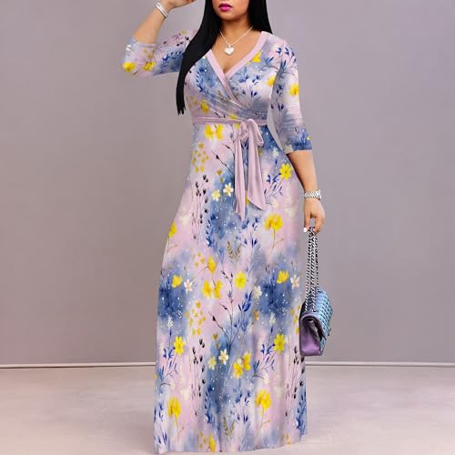 Image of Women Plus Size Long Sleeve V Neck Maxi Dress with Belt | Soft fabric relaxed fit three quarter sleeve v neck with pockets for party and daily wear