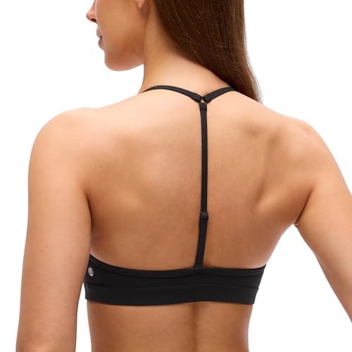CRZ YOGA Butterluxe Soft Double Lined T-Back Sports Bras for Women - V Neck Adjustable Strap Yoga Crop Top Casual Non Padded Black X-Small