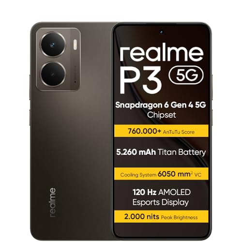 realme P3 5G Smartphone 8+256 GB, Procesador 5G Snapdragon 6 de 4.ª generación, Batería Titan de 5260mAh, Carga rápida de 45W, Pantalla AMOLED de 120 Hz, Brillo máximo de 2000nit, IP69, Grey