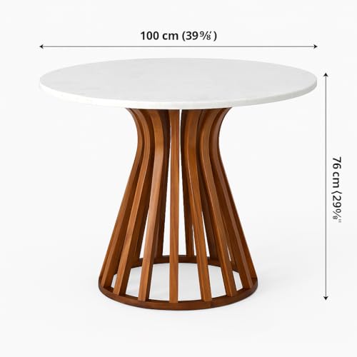 Image of Round Dining Table | Quartz White Marble Top with Natural Wood Finish | 4-Seater Modern Table for Dining Room - Chair not Included (Honey Finish)