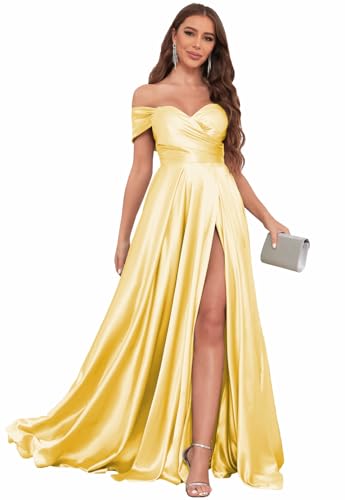 Image of SOLODISH Off The Shoulder Satin Prom Dresses for Women Long Formal Evening Party Dress with Slit