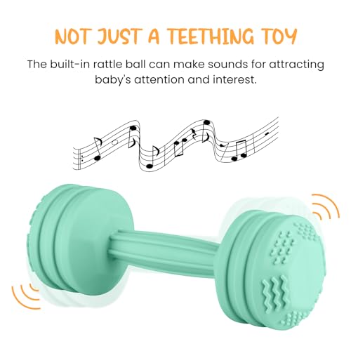 Image of Baby Dumbbell Toy - Silicone Dumbbell Teether Toys Weight Rattle Sensory Toy for Babies - Great Gift for Baby and Toddler Girls or Boys (Mint)