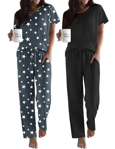 Image of Ekouaer 2 Pack Pajamas for Women Set Short Sleeve Pj Top and Printed Pants | Soft PJs Cozy Printed Lounge Sets Comfy Sleepwear with Pockets