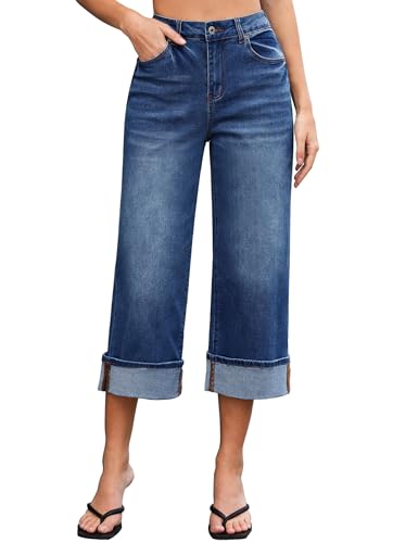 Vetinee Capris Jeans for Women Wide Leg High Waisted Trendy Fold Hem Summer Casual Stretchy Denim Jean Capri Pants