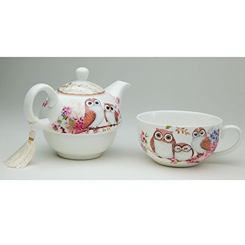Bits and Pieces Home and Kitchen Décor-Tea for One Owls Porcelain Teapot and Cup - Adorable Owl Design with Delicate Tassel on Teapot Handle