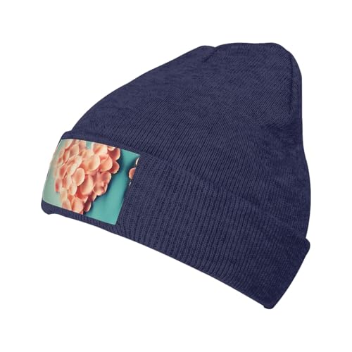 Migpkd Gorro unisex con forma de corazón con pétalos florales para hombres y mujeres, gorros de punto de invierno, gorros cálidos con puños a la moda, azul marino, Talla única