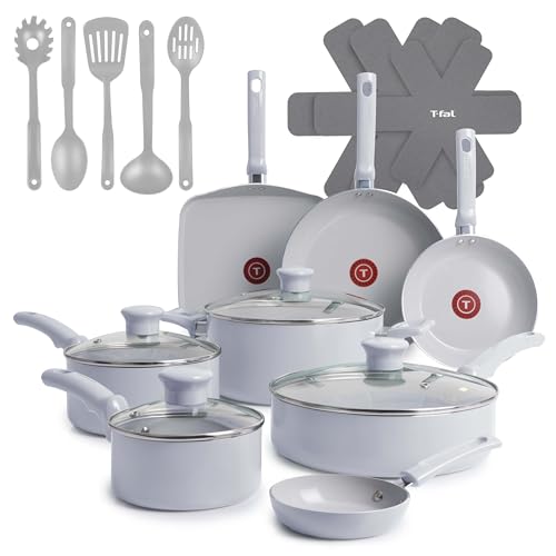 Image of T-Fal Refresh Ceramic Nonstick Cookware Set, 20-Piece, Oven Safe to 350F, Includes Stockpot, Griddle, Frying Pans, Utensils, Ceramic Pots and Pans Set, Blue