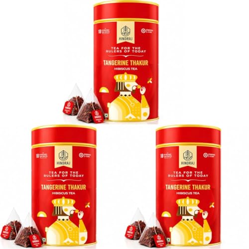 Image of Hindraj Tangerine Thakur Hibiscus Herbal Tea 18 Pyramid tea Bags Vibrant Natural Color, Ideal for Mocktails & Iced Tea, 100% Natural Ingredients Tart & Refreshing Herbal Blend, No Sugar (Pack of 3)