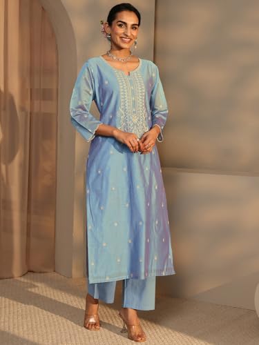 Image of Libas Art Embroidered Silk Blend Straight Kurta With Trousers and Dupatta | ethnic wear | bridal suit | wedding dress | occasion wear