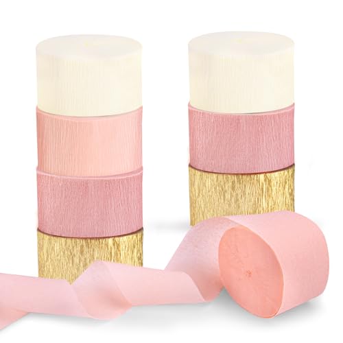 Riqiaqia Streamers Party Decorations 8 Rolls Pink Gold Crepe Paper Streamers for Wedding Birthday Bachelorette Bridal Showerand Baby Shower Girl