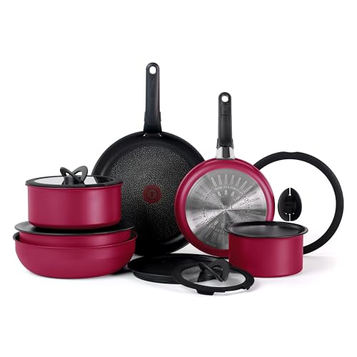 Image of T-fal Ingenio Expertise Non Stick Cookware Set 14 Piece, Induction, Oven Broiler Safe 500F, Cookware, Pots and Pans Set, RV, Camping, Frying Pans, Dishwasher Safe, Detachable /Removable Handle, Pink
