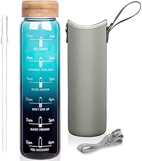 Ferexer Large Motivational Glass Water Bottle with Straw & Time Marker 1 litre / 1l, Wide Mouth Borosilicate Water Bottle with Bamboo Lid and Neoprene Sleeve Blue