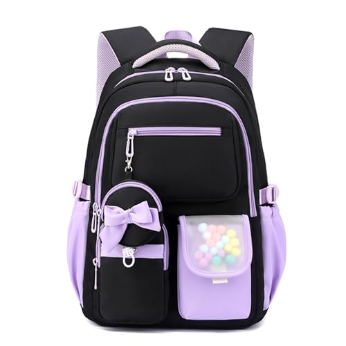 FANDARE Ligero Mochila Escolar Niña, 20 litros Mochilas Colegio Instituto Impermeable para Adolescentes, Mochila Kawaii Lazo con Correa de Transporte para Chicas 9-16 Años Negro Púrpura
