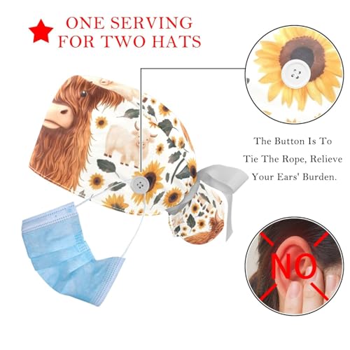 Image of 2 PCS Bouffant Cap with Button Ponytail Pouch Working Cap Sweatband Adjustable Surgical Cap Black and White Cow