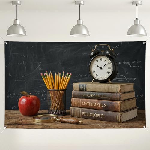 Sfondo da parete vintage con orologio e libri, decorazione rustica con frutta a matita retrò, decorazione per aule, sala studio, sfondo fotografico per eventi e feste, 180 x 109 cm