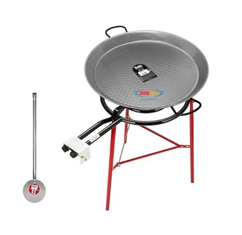 Callow Retail Paella Cooking Set with Polished Steel Paella Pan, Gas Burner, Legs and Skimming Spoon - Paellera Set for use at Home or Garden Outdoor Cooking (60cm Pan with 40cm 2 Ring Burner)