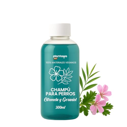 PLANTAWA Champú para Perros Citronela y Geraniol 300 ml | Cuidado del Pelo y la Piel Sensible | pH Neutro Hidratante Natural | Apto Todas Las Razas | Uso Frecuente | Fórmula Vegana