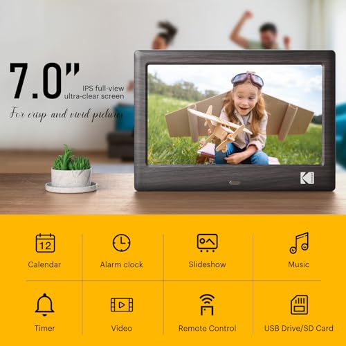 Image of KODAK 7 Inch Digital Picture Frame with Remote Control, 1024x600 HD Display Digital Photo Frame, USB or SD Card Required, Auto-Rotate, Supports Photo /Video /Music /Calendar /Slideshow