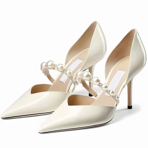 Women's Patent Leather Pearl Strap Closed Pointed Toe Stiletto Pumps Sexy Hollow Comfortable Slip on Non-Slip High Heels for Wedding Bride Formal Evening Party Dress