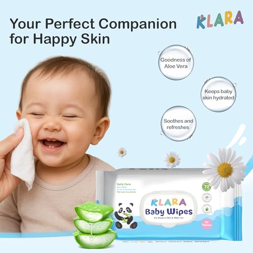 Image of Klara 99% Pure Water Baby Wipes | With Aloe Vera | Rash-Free & Paraben-Free | Pack of 2 (144 Wipes)