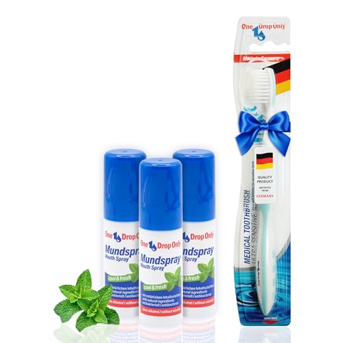 One Drop Only antibakterielles Mundspray - 3er Pack - Mundspray ohne Alkohol mit natürlichen Inhaltsstoffen für frischen Atem - 3er Pack plus extra Zahnbürste ON TOP